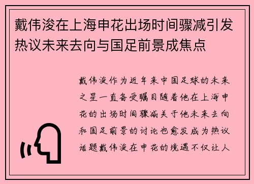 戴伟浚在上海申花出场时间骤减引发热议未来去向与国足前景成焦点